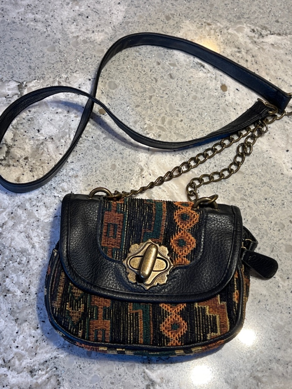 Icing Black Leather & Rust Patterned Tapestry Crossbody Chunky Brass Hardware - Picture 12 of 12